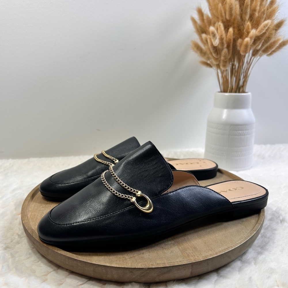 COACH Women's Sawyer Loafer Logo-Bit Mules Leather Black W/ Gold Chain.Sz 8 - Picture 2 of 7